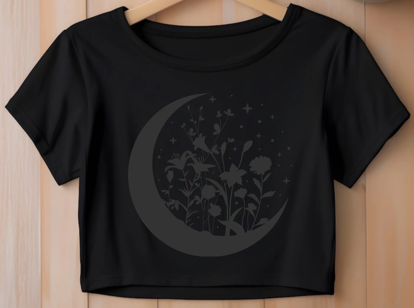 Cropped T-Shirt - floral moon - Black on Black