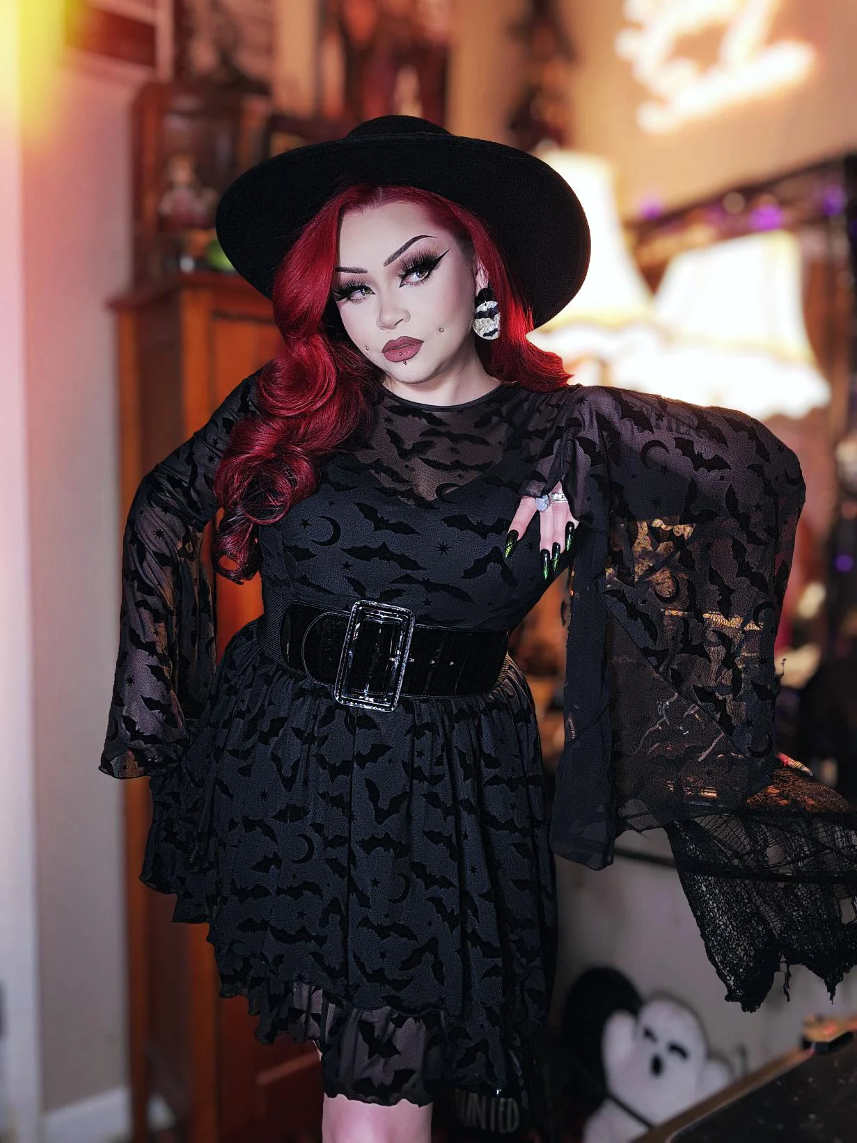 Dracuella - Velvet BATS Flocked Mini Dress with Witchy Bell Sleeves - READY TO SHIP - Image 2