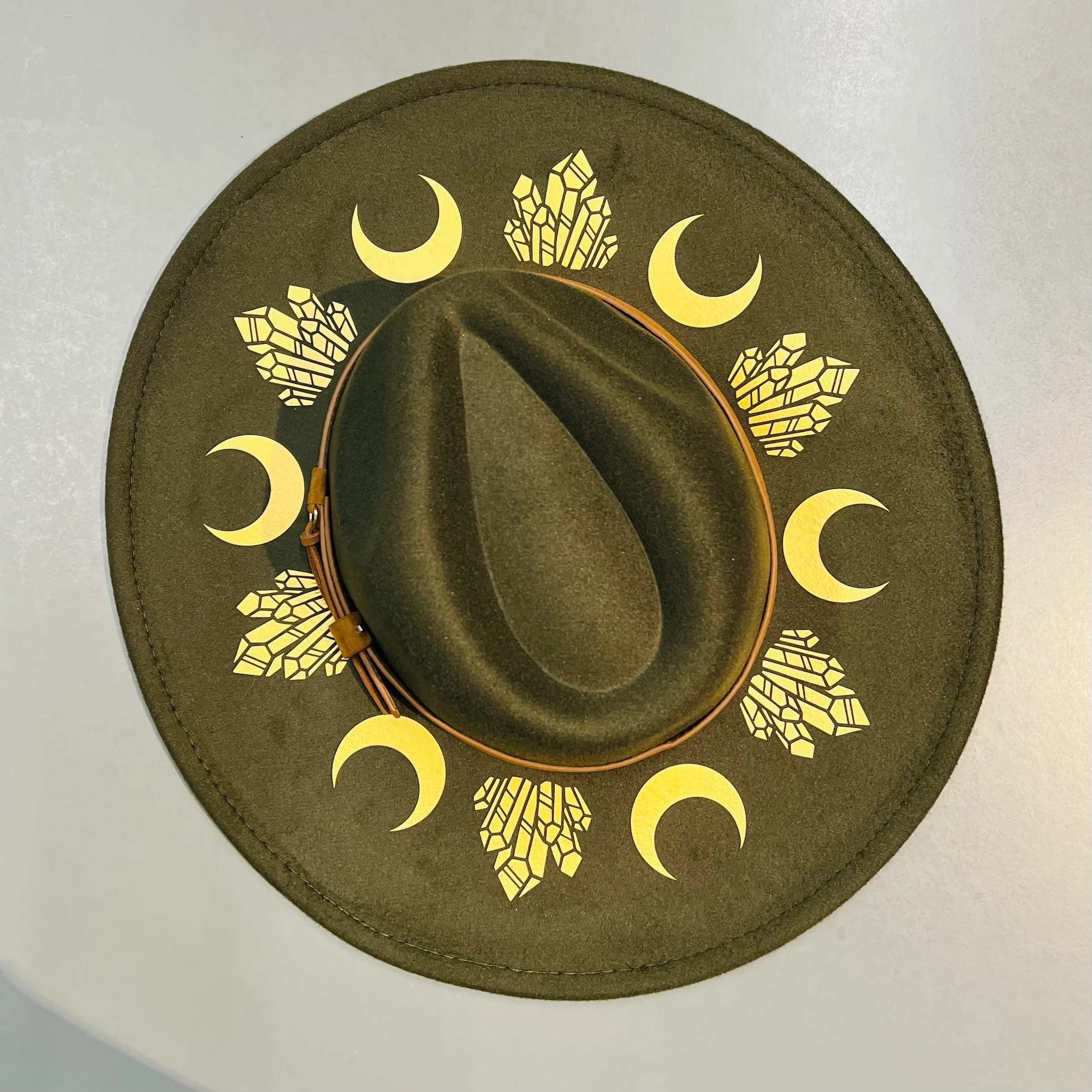 Fox & Fable - Vegan Felt Wide Brim Hat - XL Brim - Olive - Moon & Crystals