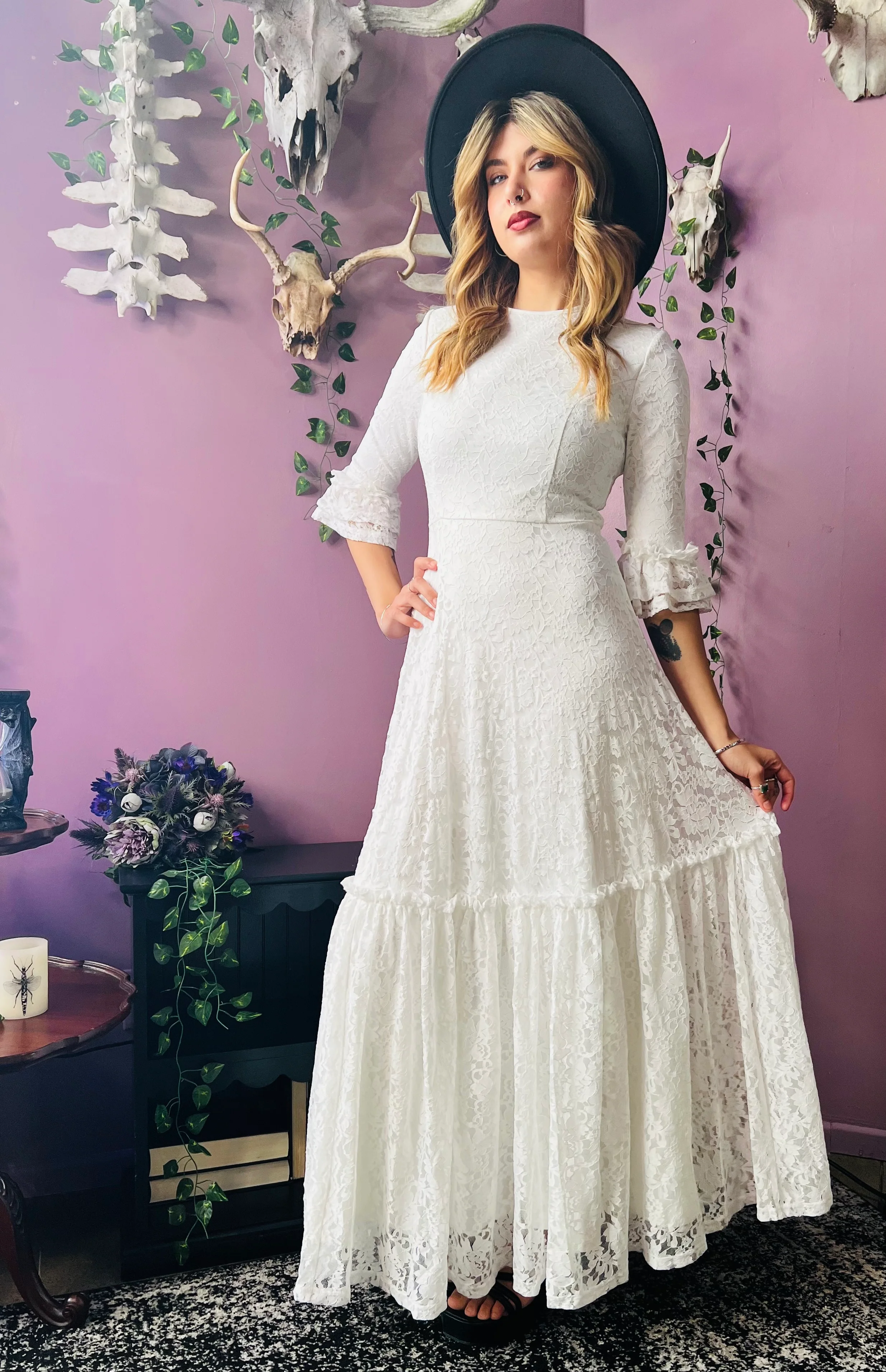 Mina - Ivory Floral Lace Bride of the Vampire Maxi Dress - READY TO SHIP - Image 11