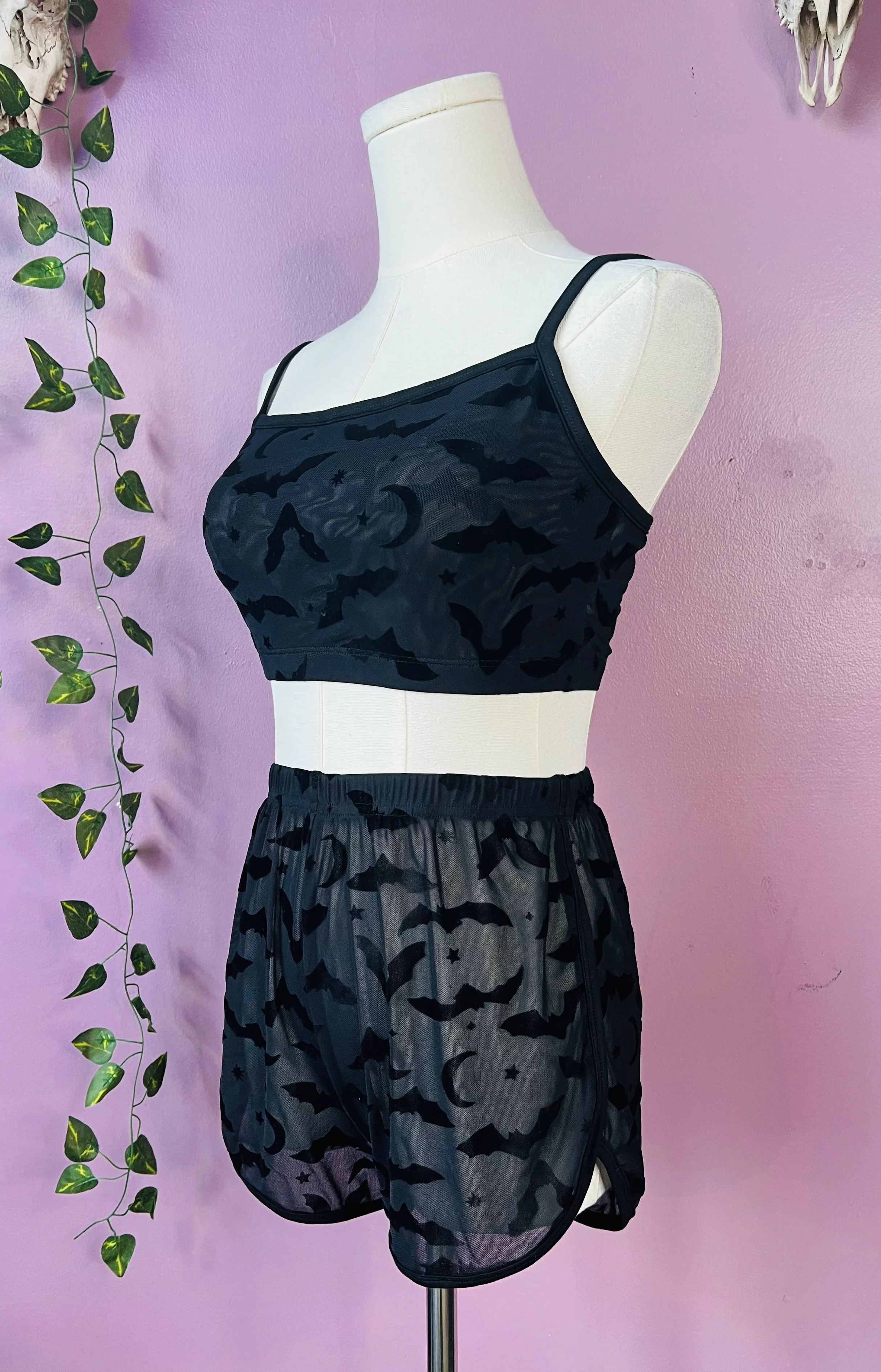 The Sinister Set - BATS - Sheer Velvet Flocked Bat Bra & Shorts Set - READY To SHIP - Image 5
