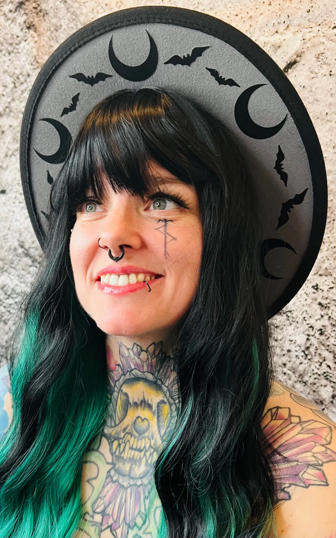 Vegan Felt Wide Brim Hat - "Charcoal Bat Moon" - Image 2