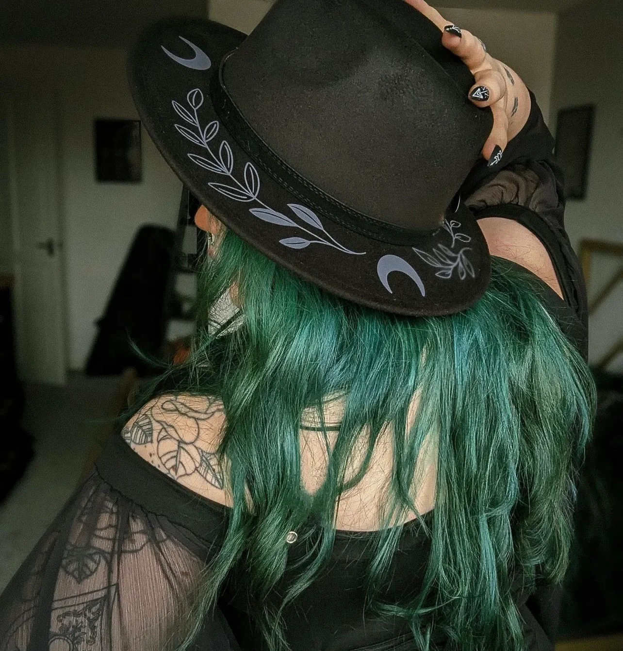 Vegan Felt Wide Brim Hat - Fern Moon - Black/Charcoal - Image 2