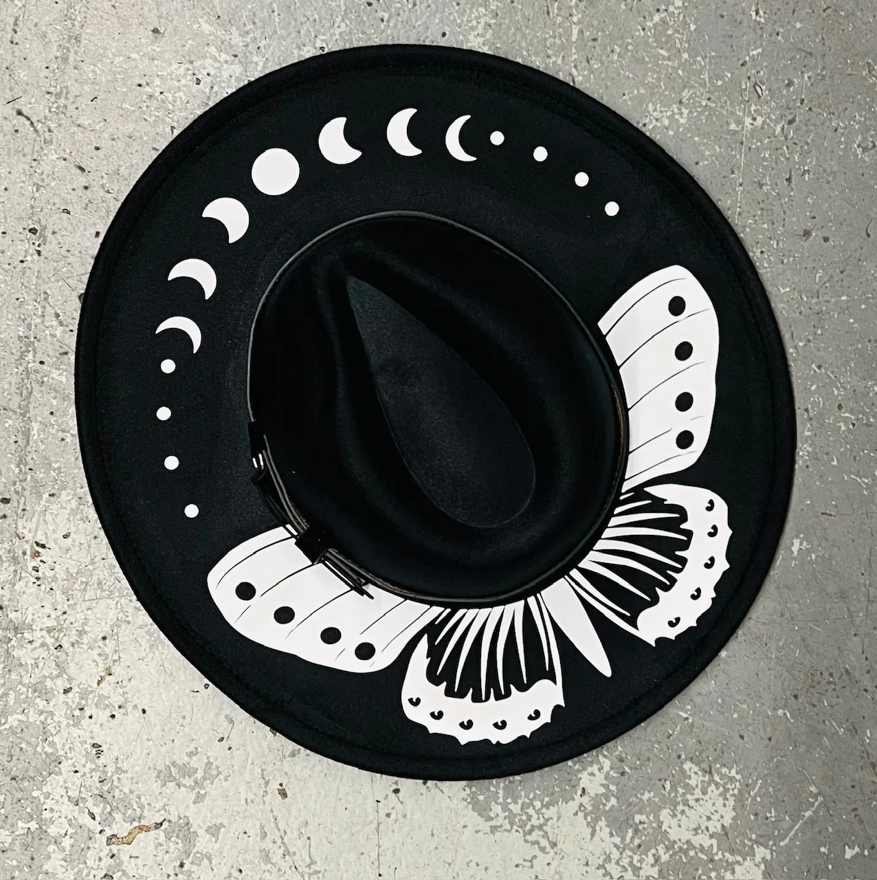 Vegan Felt Wide Brim Hat - XL Brim - Moon Phase Moth